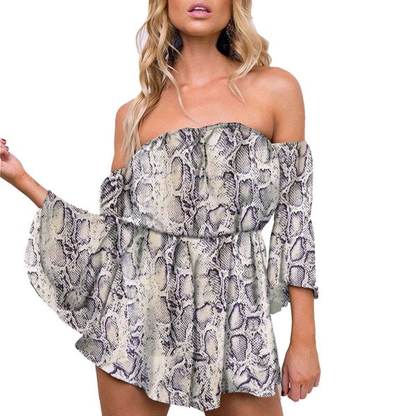 

jaycosin jaycosin fashion off shoulder bodysuit women snake skin print jumpsuits flare sleeve short romper costume z0219*4, Black;white