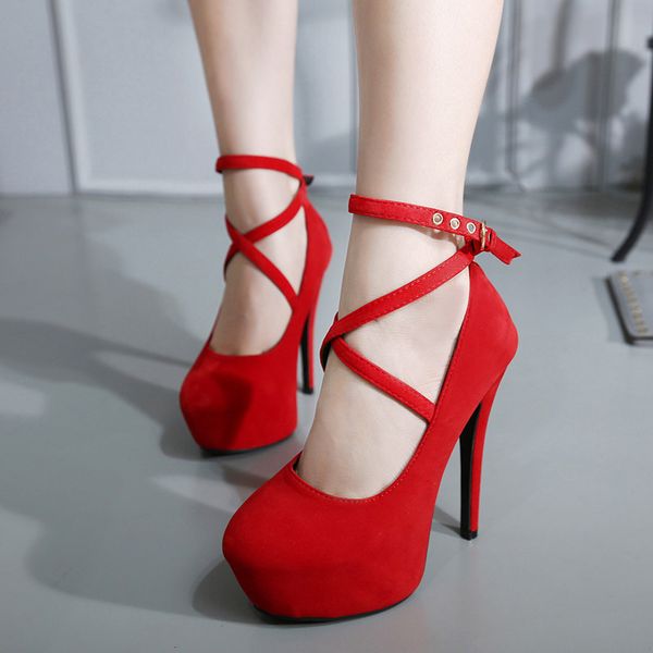 

big pumps women red thick bottom cross-tie 14 cm high heels office ladies shoes soft flock bridal single footwear size 42 y200702, Black