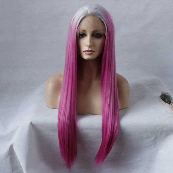 Мода стиль среднее расставание длинные волосы шелковистые прямые белые оммре розовый кружевной фронт парик термостойкие синтетические парики для чернокожих женщин