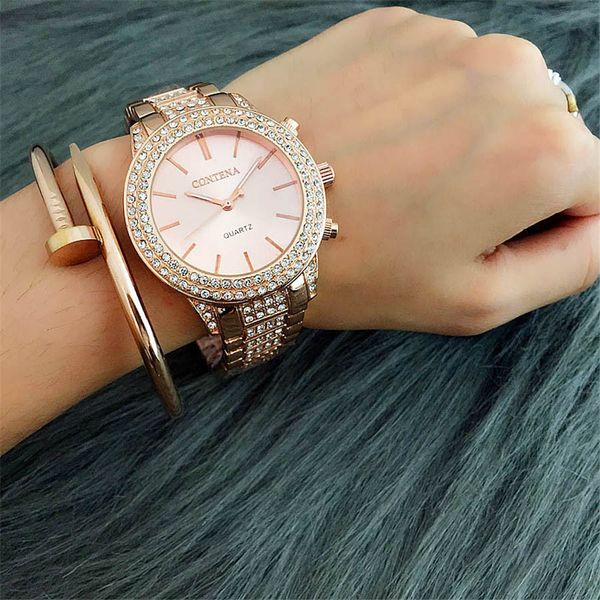 

ladies wrist watches dress rose gold watch women crystal diamond wristwatches stainless steel band clock montre femme, Slivery;brown