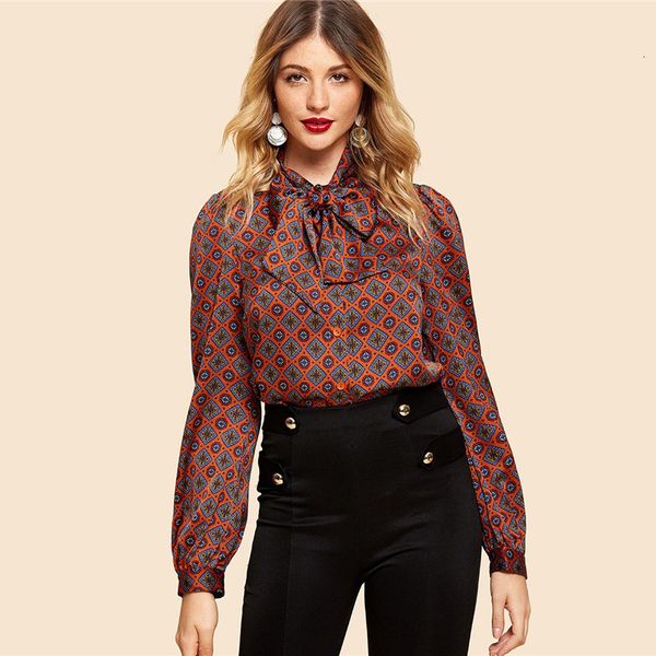 

ladies designer women blouses rust button front tie shirt vintage elegant long sleeve blouses workwear modern lady autumn, White