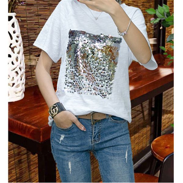 

5pcs/unit 2019 women sequinstshirt summer loose large size cotton white t-shirt female short-sleeved o-neck fitness fashion