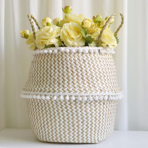 

storage bags foldable basket handmade wicker rattan seagrass belly straw garden flower pot planter laundry