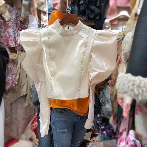 

2020 spring and autumn new korean slim stand collar shirt women retro silk blouse women bubble sleeve short blusas, White