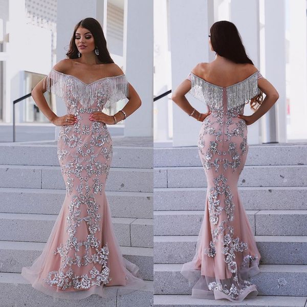 

abendkleider pink evening dresses off the shoulder lace appliqued beading mermaid prom dress floor length receiption party gowns, Black