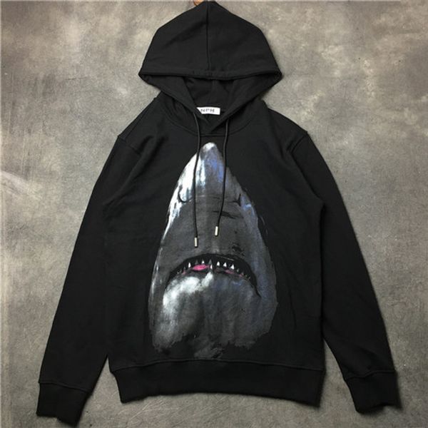 

2020 french new fashion serrated big mouth shark print men's clothing wild thin black casual hoodie sweatshirt, White;black