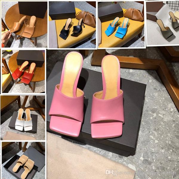 

2020 designer women's slippers square mules toe sandal stretch sandals goatskin high heel sandals luxury lady wedding high heels multip, Black