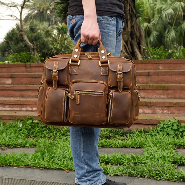 

men's vintage crazy horse genuine leather briefcase 16" real leather business bag cowhide lapmessenger bag big travel tote cj19120