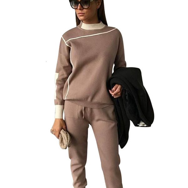 

deat 2020 autumn women khaki tracksuit fashion turtleneck sweater slim pants knitted suits ladies stripe two piece set mg779, White