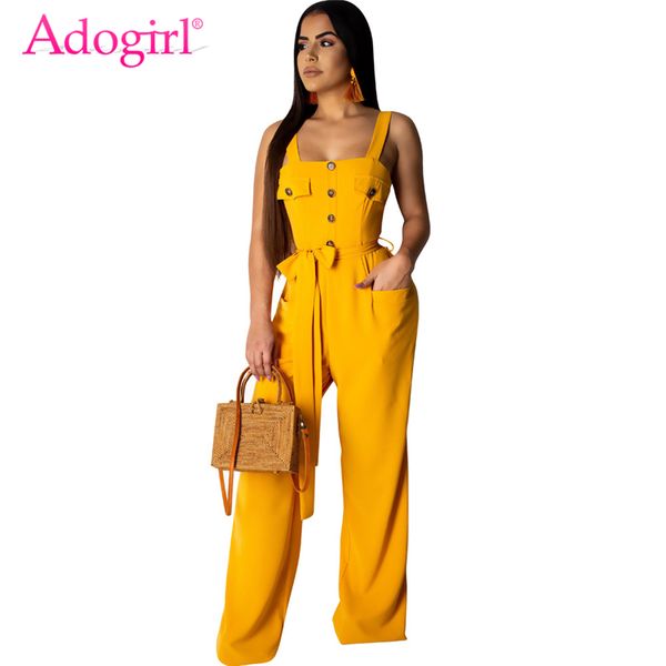 

adogirl solid fashion casual loose jumpsuit with belt buttons pockets spaghetti straps romper women overalls suspender trousers, Black;white