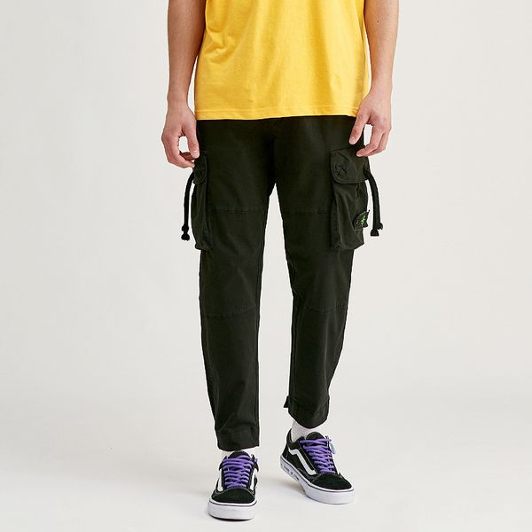 

er men's summer casual pants men's tooling men's multi-pocket pants elastic waist tether washed pants, Black