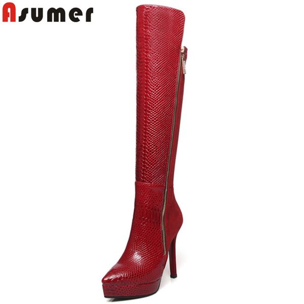 

asumer 2020 нового колено высоких сапог женщин заостренного носок на молнию высоких каблуков осенних ботинок зимы платформа классические дам, Black