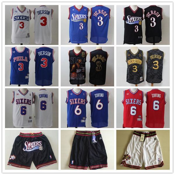 

mens philadelphia 76ers throwback jersey allen 3 iverson julius 6 erving basketball jersey basketball shorts black gold blue, Black;red