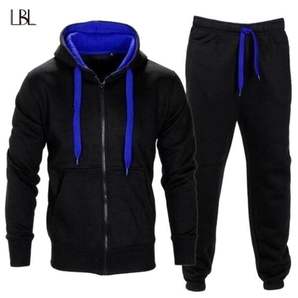 

solid mens tracksuits autumn hoodie set two pieces winter warm track suit male zipper hooded sweatshirt jacket + pant men 2019, Black