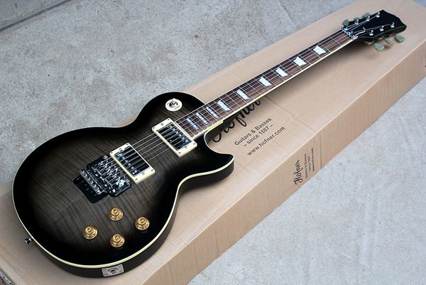 

factory custom transparent black electric guitar with double rock bridge,flame maple veneer,white binding,offer customized