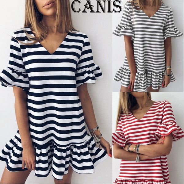 

summer dress 2018 women casual beach short dress v neck striped mini party dresses vestidos 3 color s-xl, Black;gray