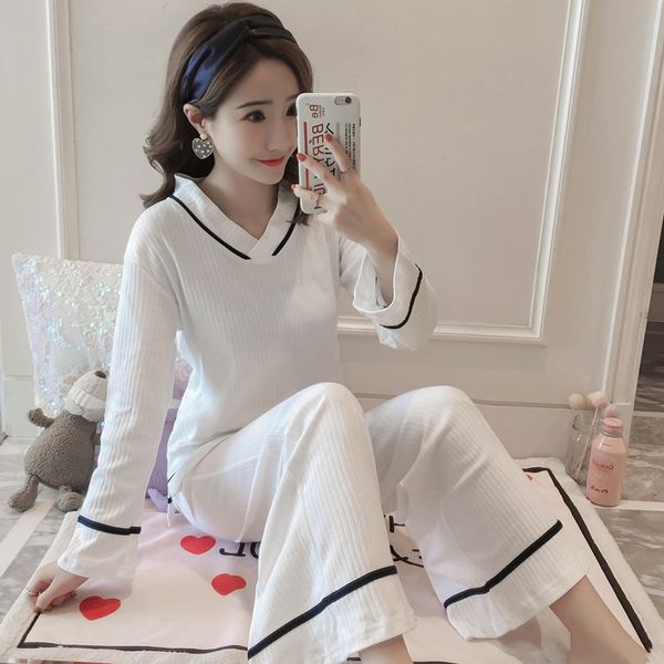 

100% cotton v-neck pajama set for women 2019 spring long sleeve pyjama casual striped sleepwear homewear loungewear pijama mujer, Blue;gray