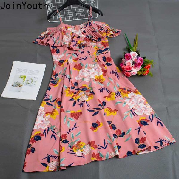 

joinyouth women dress summer korean clothes off shoulder sling vestidos v-neck ruffles sweet big swing dresses streetwear, Black;gray