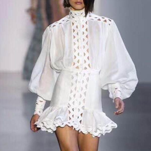 

designer bodycon runway dresses 2019 spring summer lantern long sleeve high waist hollow out ruffle hem shirt dresses, Black