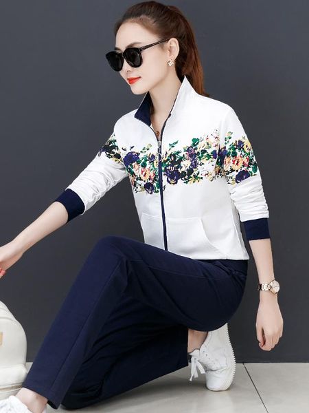 

spring women tracksuit sportswear flower printing zip up jacket sweatshirt+pant running jogger fitness casual set sport suit, Black;blue