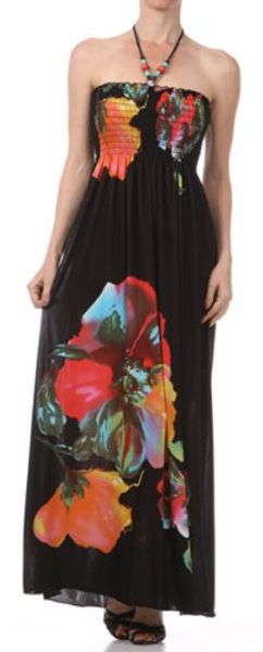 

sakkas floral on black graphic print beaded halter smocked bodice maxi dress, Black;gray