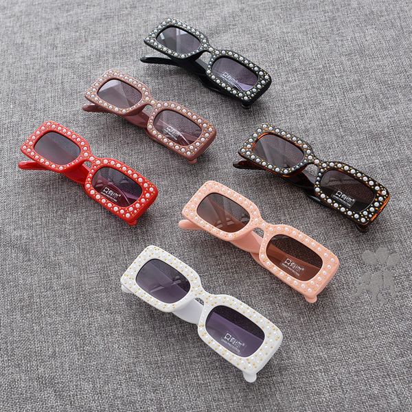 

2018 brand handmade pearl studded rectangle sunglasses children's sunglasses pink girls + with box nx, Blue