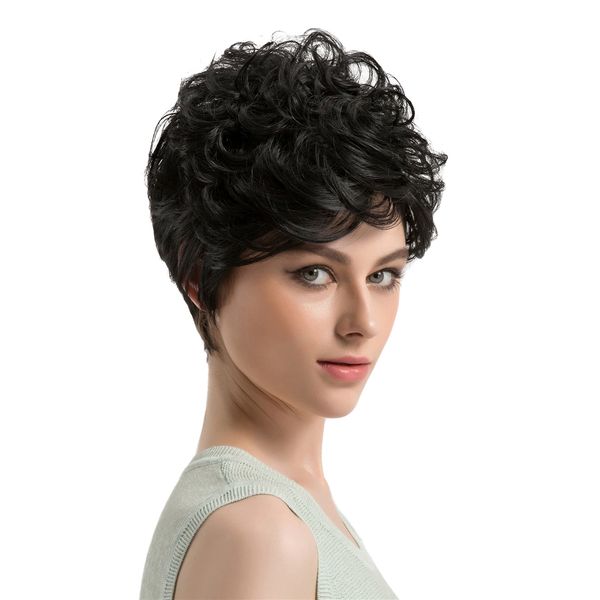 

new fashion black natural fluffy women short wavy wigs full heat resistant synthetic hair curly cosplay party wig with cap