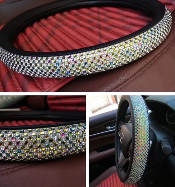 

inlaid color diamond car steering wheel cover rhinestone covers steering wheels cap universal 38cm car accessories decorating