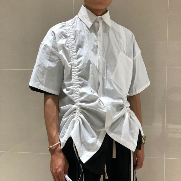 

2020 drawstring ribbon functional cotton shirt short-sleeved men's black and white shirt original design diagonal pocket, White;black