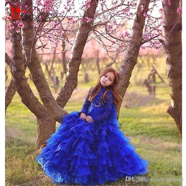 

new a line royal blue girl' pageant dresses with tiered skirt long sleeves high neck organza flower girl dress kids formal wear bc0223, White;red