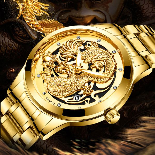 

men's watches 2019 quartz-watch skeleton date dragon design gold watch man diamond dial male clock reloj hombre, Slivery;brown