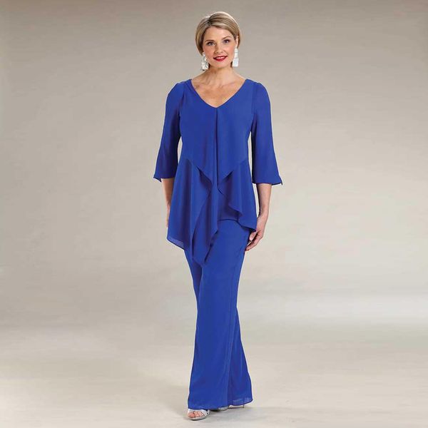 Azul dois pedaços mãe da calça da noiva ternos mangas compridas v neck vestido de convidado de casamento plus tamanho chiffon mães noivo vestidos