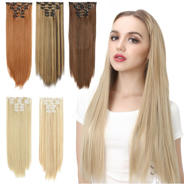 

wholesale 6pcs/set long synthetic clip in hair extensions straight hair 24inch 13 colors 16 clip on hair for full head black blonde, Black;brown