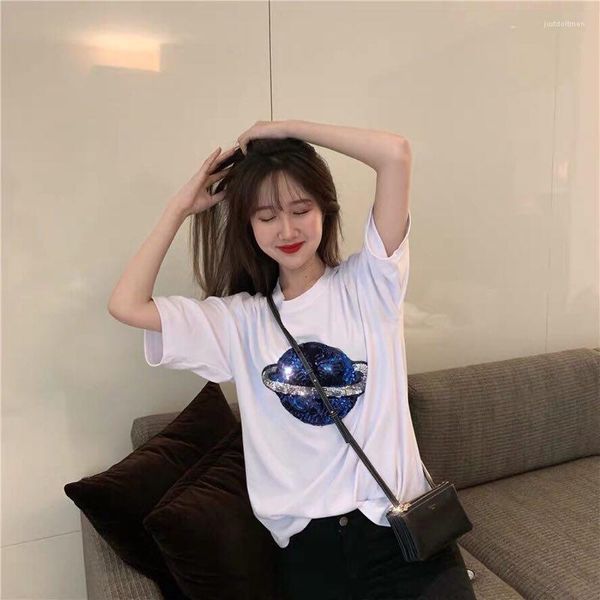 

t shirts summer fashion star short sleeved girls designer sequins women g shirts women 3d printed, White