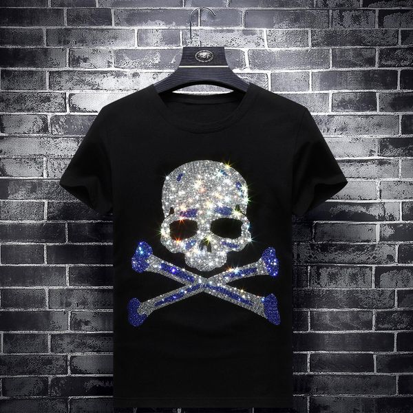 

2019 блестящие стразы черепа футболки мужская мода одежда streetwear с коротким рукавом o шея модальные хлопок calaveras camiseta, White;black