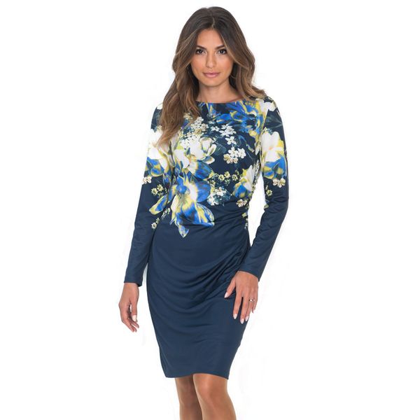 

women flower printed autumn pleated dress round neck long sleeve ladies casual dresses women designer clothes, Black;gray