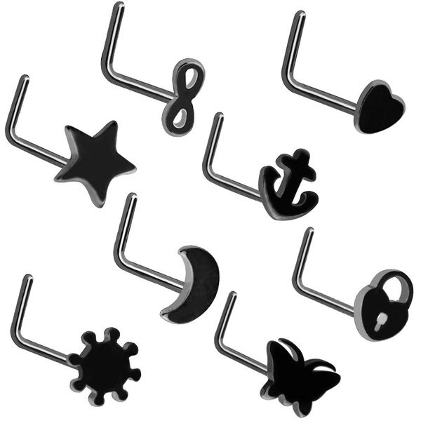 

8pcs/lots stainless steel fashion nose rings l shape nose stud nose screw heart moon star sun anchor body piercing jewelry, Slivery;golden