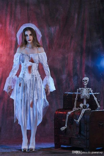 

ghost bride costume halloween party dress with ribbon digital printed long sleeved white uniforms cosplay, Black;red