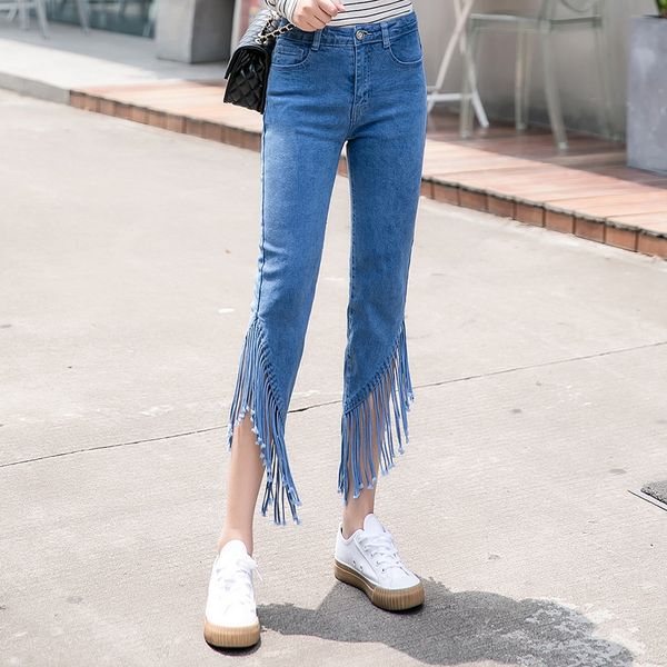 

tassel denim jean femme calf-length pants 2020 new korean skinny jeans woman stretch irregular micro flare jeans vaqueros mujer, Blue