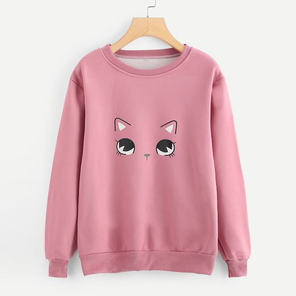

feitong women sweatshirt pullovers cat face print casual long sleeve kawaii round neckline streetwear sweatshirt casual new, Black