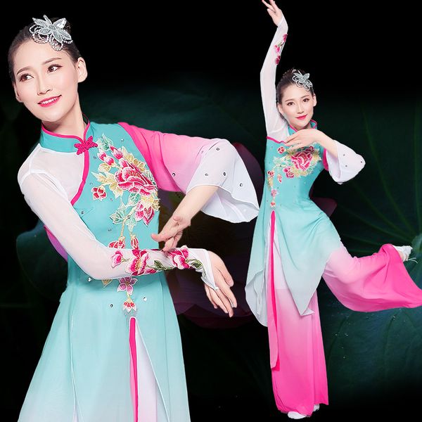 

hanfu classical dance costume female fan dance umbrella yangko clothing national square, Black;red