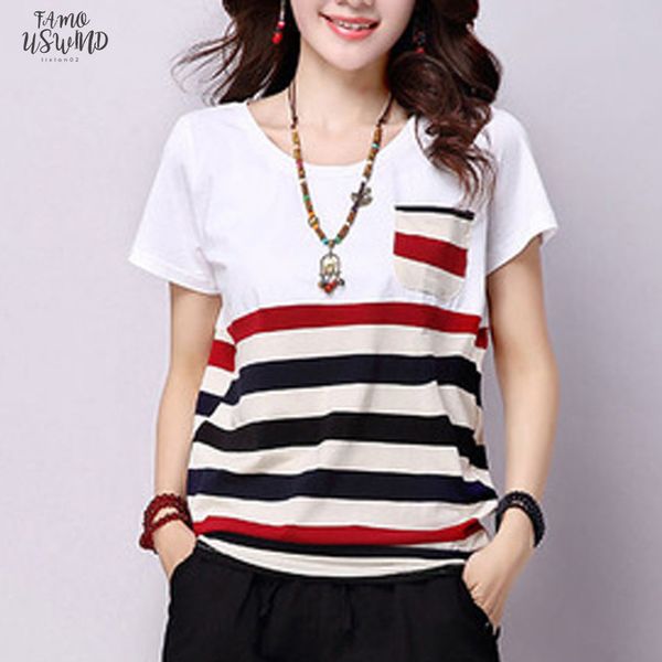 

women loose plus size t shirt polyester striped o neck short sleeved pocket casual summer camiseta mujer female t shirt, White