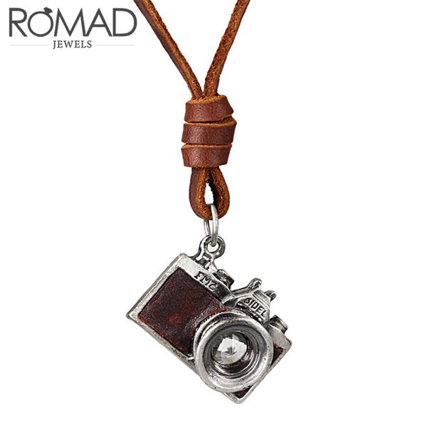 

romad men leather pendant necklace for vintage punk camera fashion long genuine leather chain necklace male accessoires homme r4, Silver