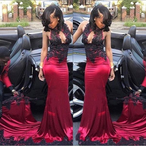 

2019 Elegant Halter Satin Mermaid Long Prom Dresses Lace Appliques Sweep Train Arabic Dubai Party Dresses Long Formal Evening Party Gowns