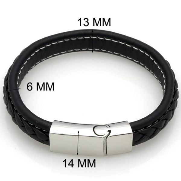 

cuff 13mm sporty trendy stainless steel silver black color genuine leather woven bracelet chain men's boy's jewelry, White