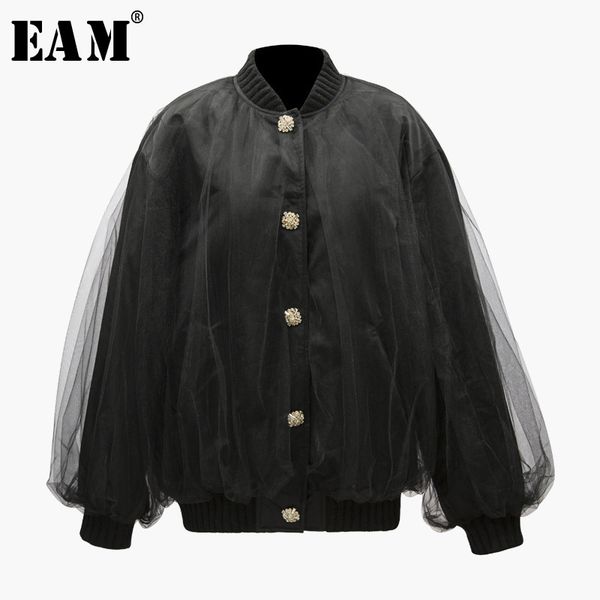 

eam] 2019 new autumn winter stand collar long sleeve button mesh big size personality jacket women coat fashion tide jy024, Black;brown