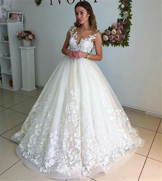 

white v neck lace wedding gowns sleeveless appliques sheer neckline floor length bridal dresses custom made