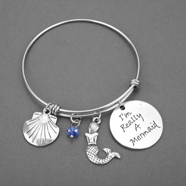 

little mermaid i am really a mermaid bangle expandable wire bracelet with crystal for women girls ocean jewelry, Black