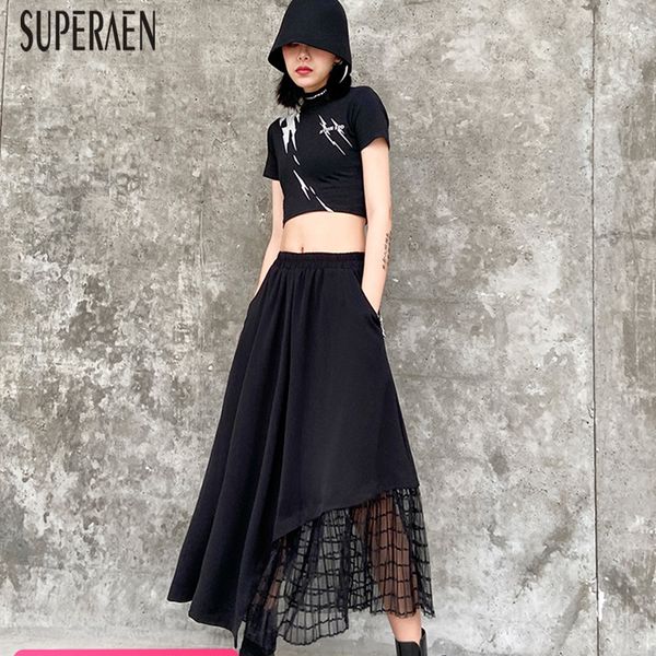 

superaen irregular skirt women new 2020 summer pluz size high waist ladies skirts stitching mesh fashion casual skirts female, Black