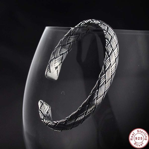 

handmade s925 sterling silver vintage braided bangles for men women making peace lines shifting good luck bracelets fine jewelry, Black